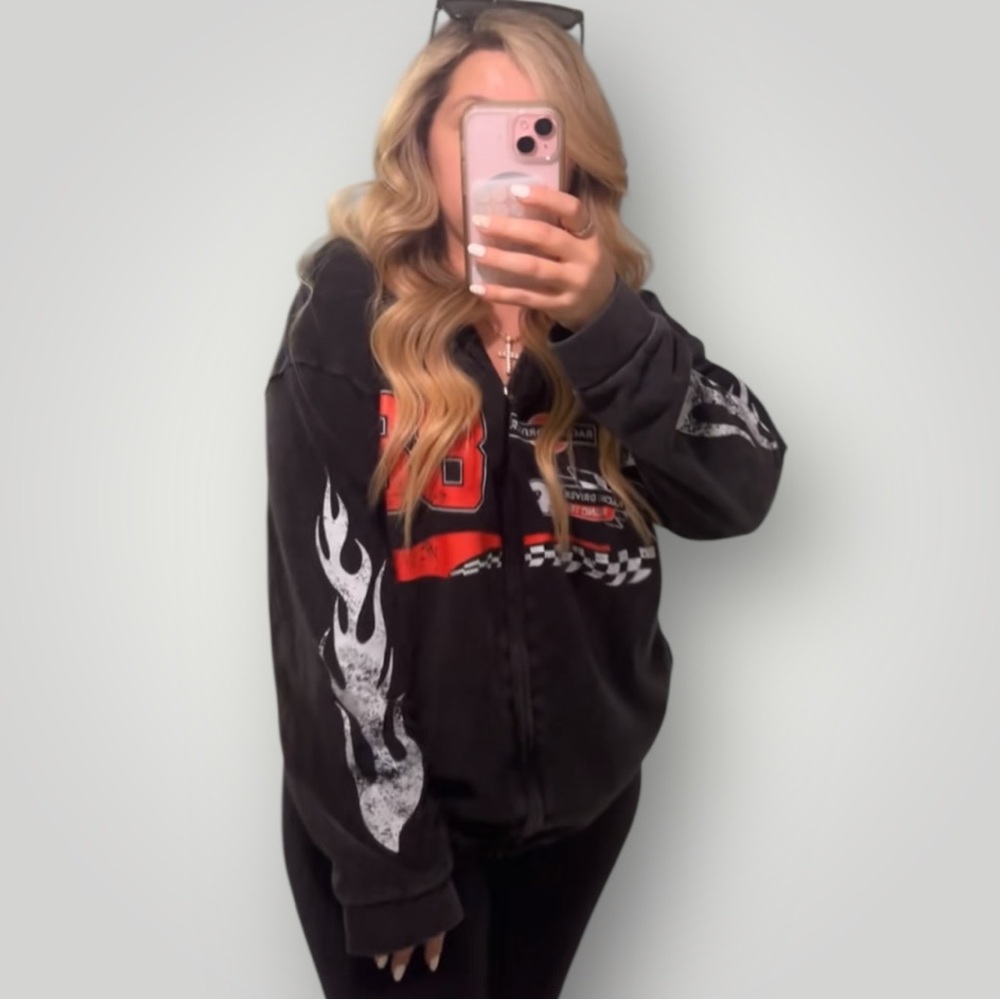 Tik‎ Tok Viral Racetrack Hoodie Sweatshirt Black Acid Wash Flame Motocore Size M